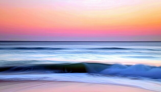 A serene ocean landscape at sunset, featuring soft pastel colors in the sky and blurred motion of waves and the shoreline.