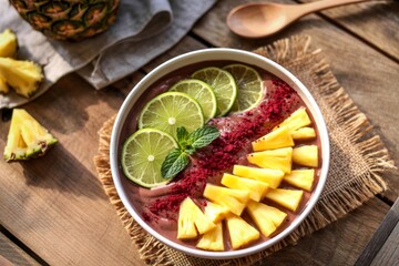 Vibrant tropical smoothie bowl with pineapple and lime toppings