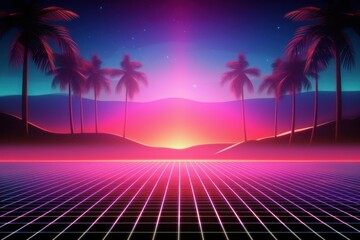 Fototapeta premium Retrowave oasis purple light night.