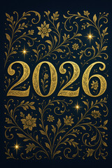 Elegant ornate 2026 design with intricate golden floral patterns on a dark background, creating a luxurious festive New Year aesthetic