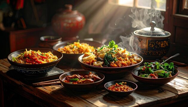 A variety of steaming bowls of Asian food, including noodles, fried rice, and vegetables, are arranged on a rustic wooden table. - Powered by Adobe