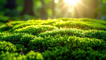 Sunlight streams through a forest, illuminating lush, green moss in a close-up shot.