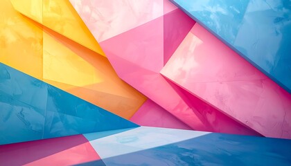 Fototapeta premium A vibrant abstract composition of angled planes in bold blues, pinks, and yellows, creating a dynamic geometric space