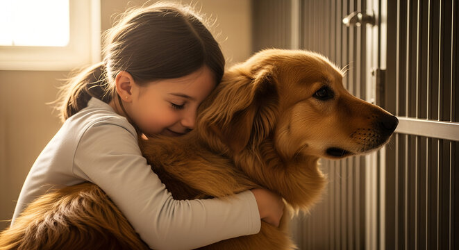 Girl hugging golden retriever dog indoors with soft natural light  