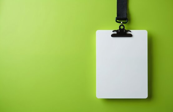 Blank event pass with lanyard on lime green background. White id badge for conference business or corporate meeting. Empty security pass ready for design and display