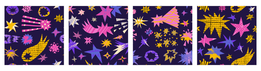 Set paper cut starburst shapes in seamless pattern with abstract texture.