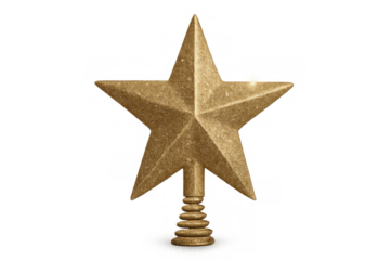 Glittering gold christmas tree star topper with five points, sparkling holiday decoration, festive ornament symbol on transparent background