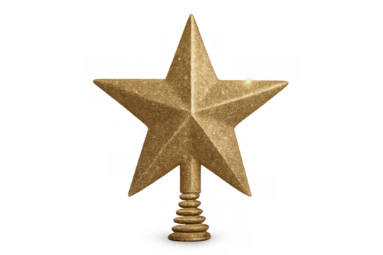 Glittering gold christmas tree star topper with five points, sparkling holiday decoration, festive ornament symbol on transparent background