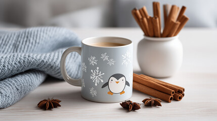 Cute penguin mug with coffee and cinnamon sticks on wooden table  