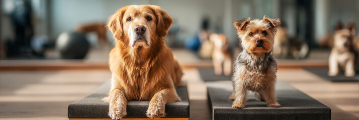 A golden retriever stands confidently on a balance platform while a small terrier watches closely in a cheerful dog fitness studio. This scene promotes health and exercise, banner
