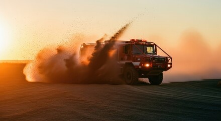 Off-road fire truck in dynamic action on desert terrain at sunset