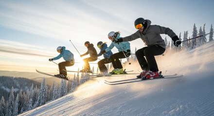 Thrilling group ski adventure on pristine snow-covered mountain at sunrise