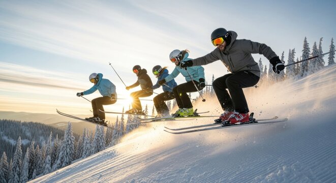 Thrilling group ski adventure on pristine snow-covered mountain at sunrise