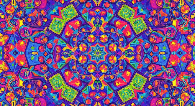 Kaleidoscopic pattern art, a mesmerizing and vibrant abstract graphic with perfect radial symmetry for modern design projects.