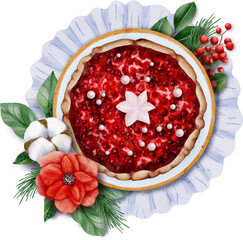 Watercolor illustration of a delicious Christmas pie, flowers, and branches