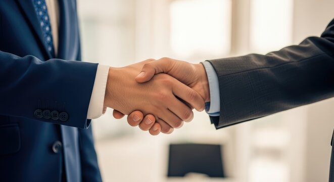 Business handshake between two men in suits, symbolizing agreement and partnership - Powered by Adobe