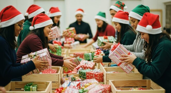 Festive holiday workshop scene with diverse group of gift wrappers in santa hats