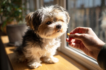 A young man holds a treat to guide a small dog balancing on a raised platform. The dog wobbles slightly but focuses intently on the reward during their training session