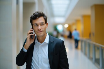Caucasian young adult male in suit talking on phone in modern hallway