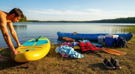 Summer outdoor adventure by the lake with paddleboard and kayak essentials for water sports enthusiasts