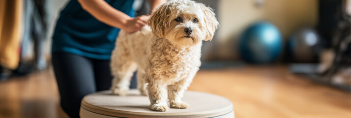A small senior dog stands carefully on a balance disc as a young woman gently supports it, helping enhance its mobility and strength during a rehabilitation session, banner