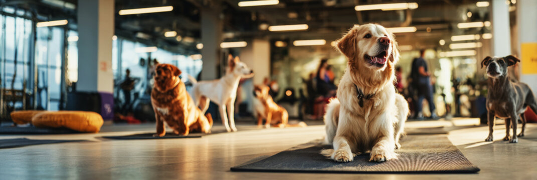 Dogs relax on fitness mats in an indoor gym designed for canine training and rehabilitation, promoting mobility and wellness through exercise and interaction, banner