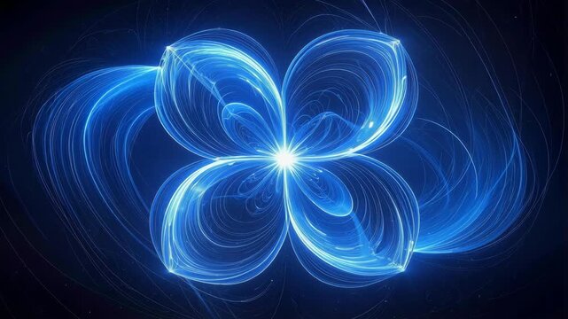 Stylized flower made of blue glowing, swirling lines creates bright floral pattern on dark backdrop.