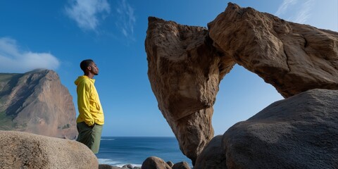Young african male admiring unique coastal rock formation under clear blue sky