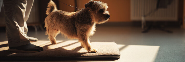 A small terrier is engaged in physiotherapy exercises on a soft mat, under the careful guidance of a veterinarian who is helping with its recovery and mobility, banner