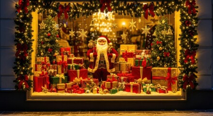 Festive christmas storefront display with santa and gift boxes for holiday decorations