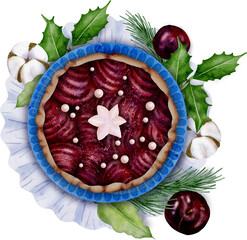 Watercolor illustration of a delicious Christmas pie, flowers, and branches