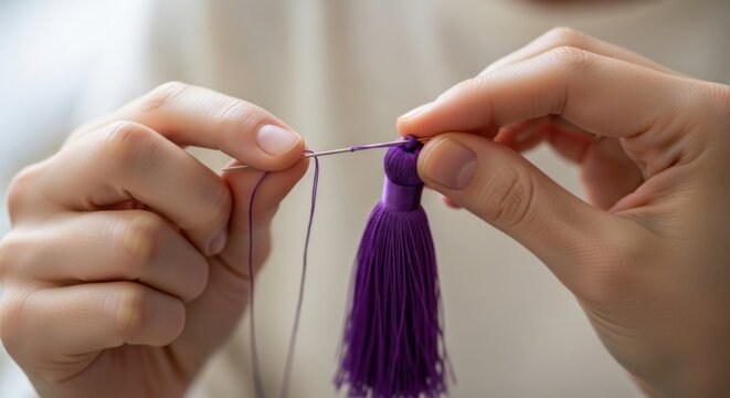 Crafting a purple tassel by hand for creative diy home decor and fashion projects