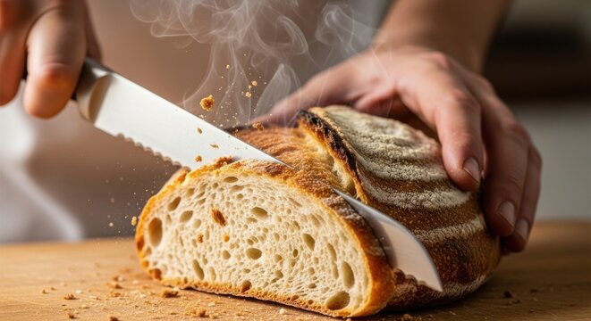 Freshly baked artisan bread being sliced with steam rising in warm kitchen setting