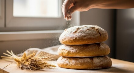 Freshly baked artisan bread with flour dusting and wheat ears in natural light