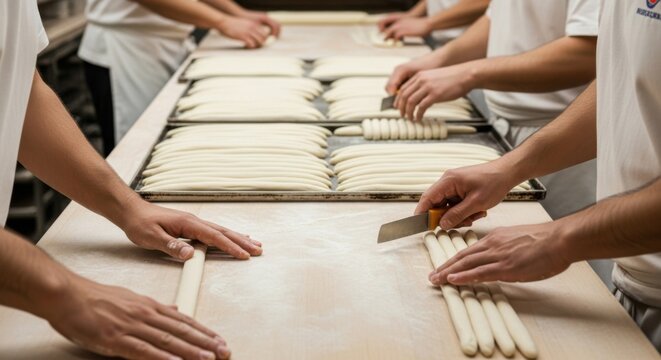 Professional bakery team preparing fresh dough for baking - Powered by Adobe