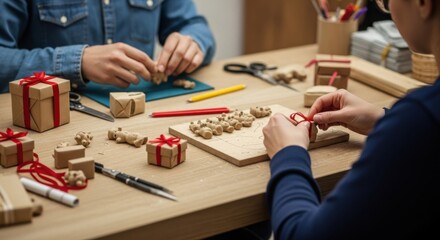 Crafting wooden christmas ornaments and gift wrapping decorations for holiday creativity