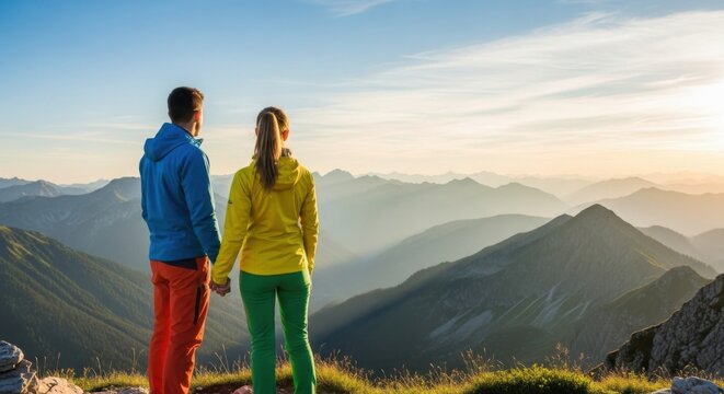 Breathtaking mountain view with couple at sunrise in vibrant outdoor attire