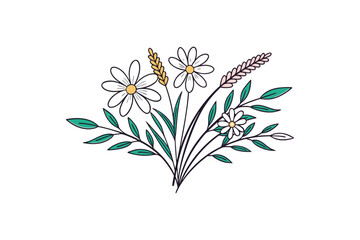 Obraz premium Delicate Hand-Drawn Floral Arrangement with Daisies, Wheat, and Green Leaves