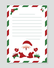 Christmas Template of Letter to Santa Claus. Greeting card, wishlist with empty lines for writing. Vector illustration. Layout in A4 size.