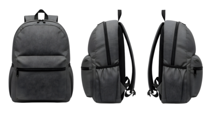 Gray backpack with a textured design isolated on transparent background