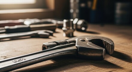 Rustic workshop setting with vintage metal tools on wooden workbench for diy and crafts