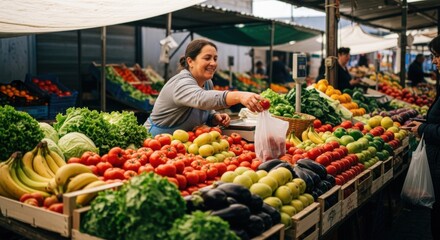 Vibrant farmers market display of fresh produce with friendly vendor for organic food promotion