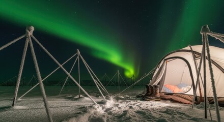 Northern lights camping adventure in arctic landscape with aurora borealis and winter tent experience