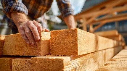 Carpenter inspecting and arranging freshly cut lumber beams outdoors on a sunny day at a woodworking site or construction area