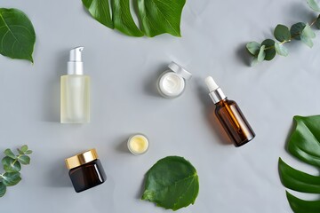 Organic skincare product flatlay with natural elements for beauty and wellness concept