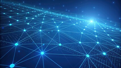 Dynamic glowing blue network grid connecting data points across digital cyberspace, representing global connectivity and futuristic technology.