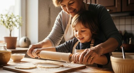 Joyful baking experience with grandmother and child in cozy kitchen setting