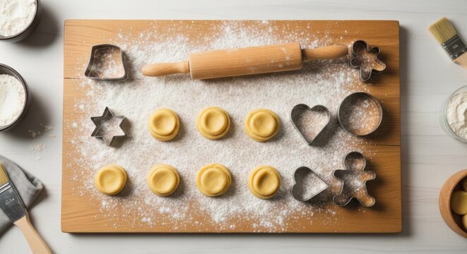 Baking cookies concept with dough, flour, and cookie cutters on wooden board for holiday and kitchen design