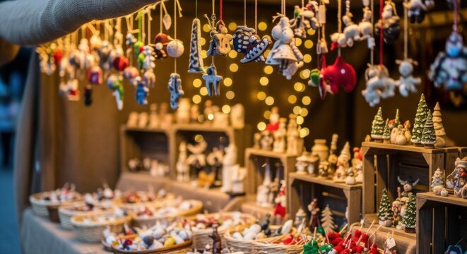 Festive christmas market stall with handmade ornaments and twinkling lights