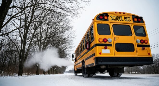 Winter school bus journey on snowy road: transportation scene for educational themes